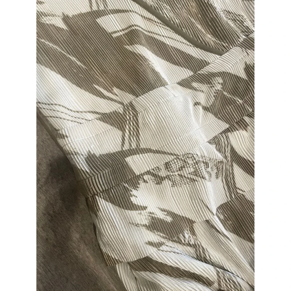 DKNY Womens Abstract Brushstroke Pleated V-Neck Midi Dress Olive Ivory XS